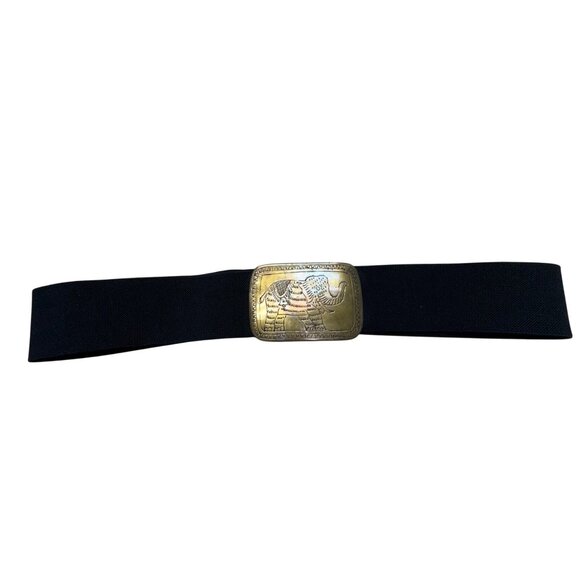 Elastic Black Belt With Brass Elephant Buckle Adjustable Detailed Boho Unique Ha - Picture 1 of 5